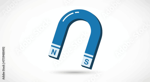 Conceptual blue horseshoe magnet illustration depicting magnetic force and attraction
