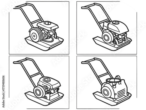 Four Outline Illustrations of Plate Compactor Machines in Different Poses construction equipment machinery