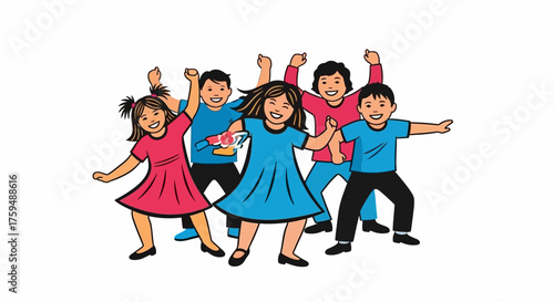 Cheerful children celebrating together with arms raised in a joyful expression of friendship and