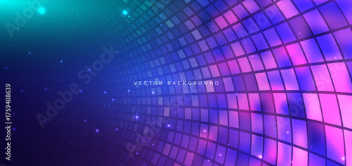 Futuristic square pattern curve with lighting effect on blue and pink background. Technology network concept.