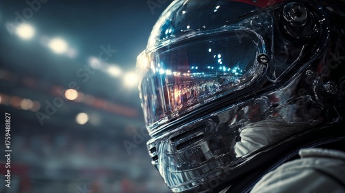 Close-up of a futuristic racing helmet, cinematic style

