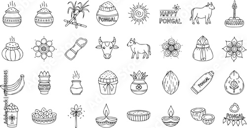 Pongal Festival Line Art Icons Set. Traditional South Indian Harvest Celebration Outline Symbols, including pots, sugarcane, sun, cow, kalasha, banana, coconut, kolam, and diya.