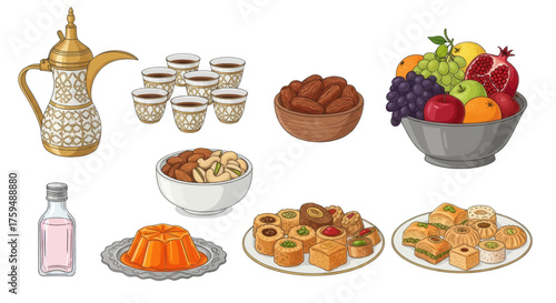A collection of Middle Eastern and Arabic hospitality items, including coffee, dates, nuts, and pastries