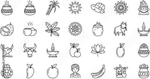 Pongal Festival Line Art Icons. Harvest celebration symbols: sugarcane, pots, sun, cow, fruits, oil lamp, and traditional South Indian culture elements. Vector illustration.