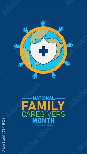National Family Caregivers Month Poster Banner and Background Abstract Design Template with Heart Hands and Family Illustration for Health Support Awareness for mobile responsive