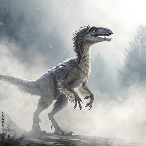velociraptor dinosaur on smoke background