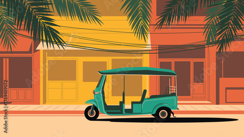 A turquoise tuk tuk parked on a street with palm trees and colorful buildings in the background scene