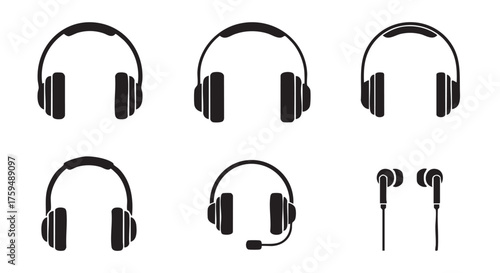Seamless pattern with black headphones on white background for creative use