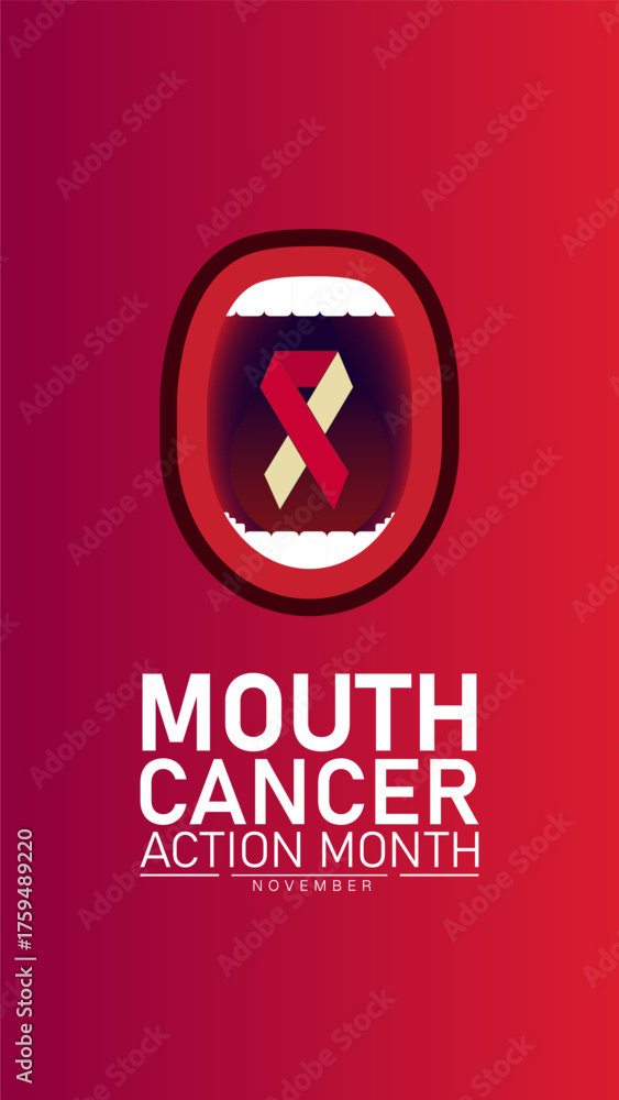 Naklejka premium Mouth Cancer Action Month Poster Banner and Background Abstract Design Template with Blue Ribbon and Mouth Illustration for Oral Health Awareness for mobile responsive