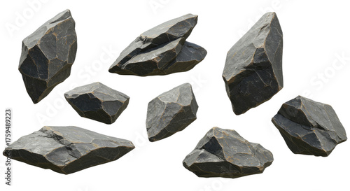 Set of black obsidian stones isolated on white background, natural volcanic glass mineral samples perfect for geology and crystal collections