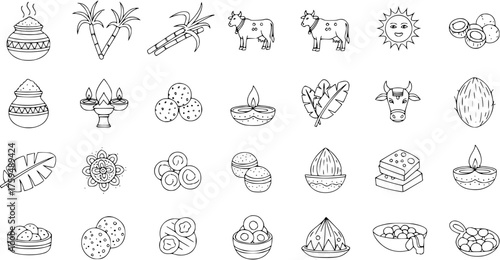 Pongal Festival Line Art Icons Set. Traditional South Indian Harvest Celebration Symbols  Elements: Sugarcane, Pot, Cow, Sun, Diyas, Sweets Collection