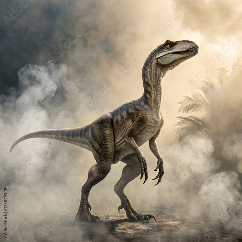 velociraptor dinosaur on smoke background