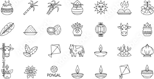 Detailed line art icons for Pongal harvest festival, featuring traditional symbols like sugarcane, pots, sun, cow, diyas, banana leaves, coconut, and kites.