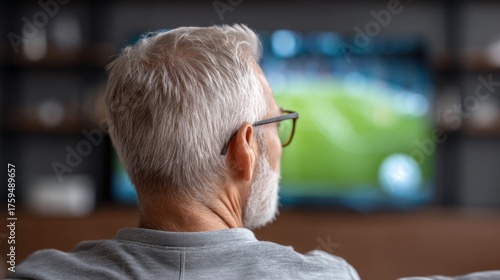 A senior man sits comfortably on a couch, fully engaged in watching a soccer match on television. The warm ambiance of the living room adds to the enjoyable experience.