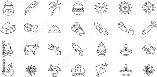Indian Harvest Festival Doodles: Pongal  Makar Sankranti Line Art Icons Set with Traditional Elements like Sugarcane, Sun, Cow, Pot, Kite, Diya, and Banana Leaf.