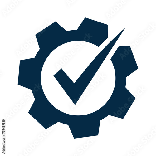 A dark blue cogwheel (gear) icon with a prominent white checkmark (tick) centered inside. This vector symbol signifies successful settings, process completion, quality assurance, system verification