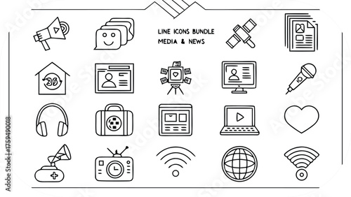 Media and news line icons bundle with communication and technology symbols line art