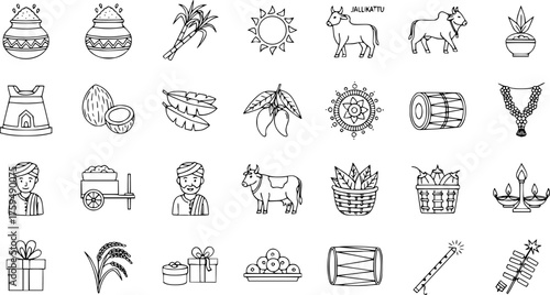 Pongal Festival Traditional Icons Set. Hand-drawn outline illustrations of Harvest Festival symbols like pots, sugarcane, sun, bull, farmers, and offerings.