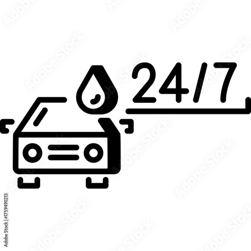 24/7 car wash icon. Outline vector design for auto service and detailing promotion