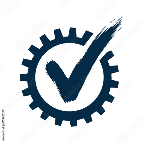 A dark blue cogwheel (gear) icon with a prominent white checkmark (tick) centered inside. This vector symbol signifies successful settings, process completion, quality assurance, system verification