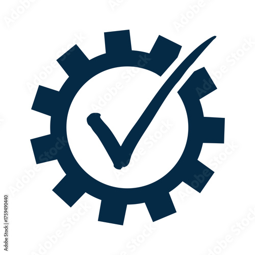 A dark blue cogwheel (gear) icon with a prominent white checkmark (tick) centered inside. This vector symbol signifies successful settings, process completion, quality assurance, system verification