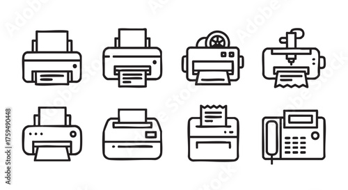 Variety of office printers black outline drawing for technology concepts