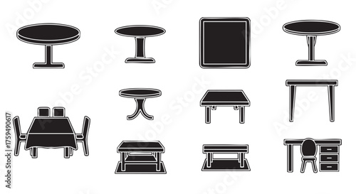 Various style tables and chairs in black and white outline