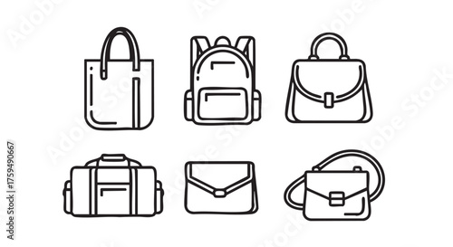 Vector icon set of various bags and luggage types for travel