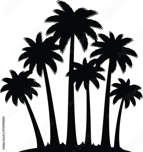 Vector Tropical palm trees black silhouette on an island illustration