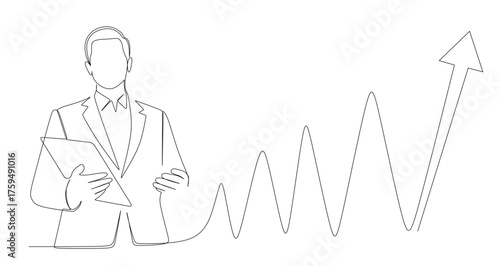 continuous line art of a male businessman carrying a book to start work and a graph that is rising sharply
