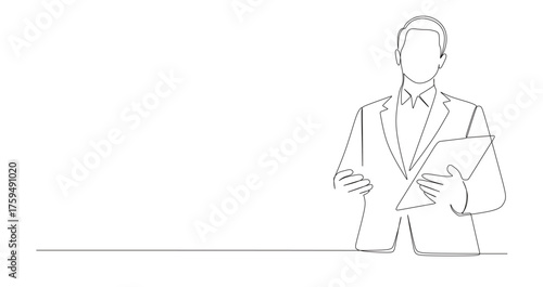 continuous line art of a male businessman carrying a book to start work