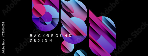 Abstract geometric shapes, vibrant colors, dynamic composition. Modern design elements create striking visual impact. Background features gradients, layers.