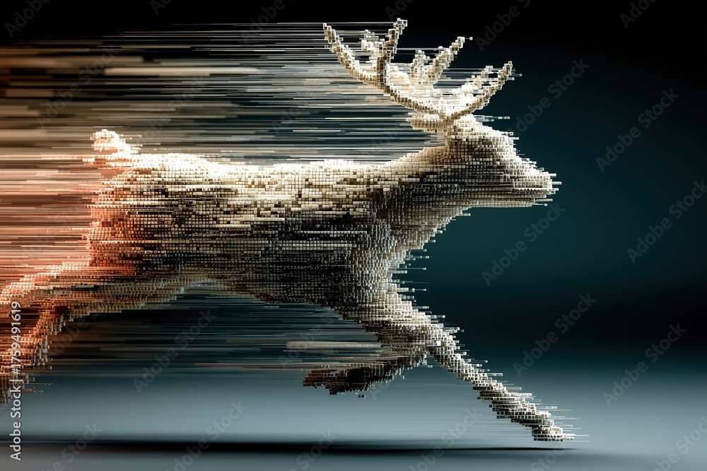 Fototapeta premium Dynamic sculpture of a running deer formed through digital pixels showcasing motion and speed in a creative display