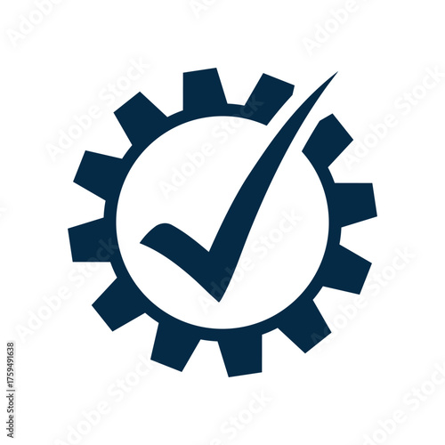 A dark blue cogwheel (gear) icon with a prominent white checkmark (tick) centered inside. This vector symbol signifies successful settings, process completion, quality assurance, system verification