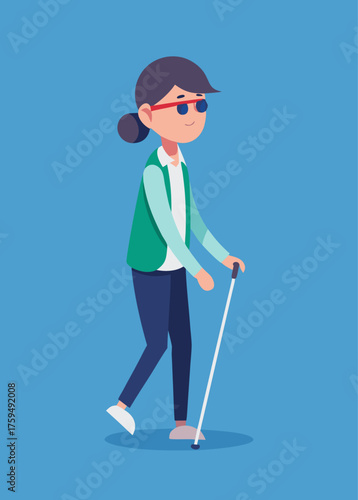 Young woman walking with a white cane on blue background  