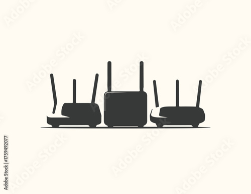 Vector art of three wireless routers with antennas in a row, isolated on a light background