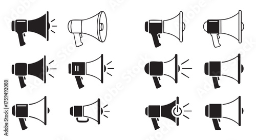 Collection of black and white megaphone icons for announcements or advertising