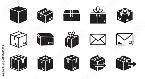 Collection of different cardboard boxes in black and white graphics vector