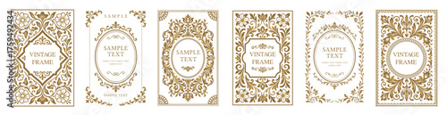 Elegant collection of vintage golden frames and borders with floral ornaments. Classic decorative templates for invitations, greeting cards, or certificate design.