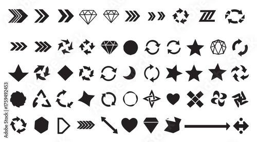 Collection of black icons and symbols including arrows diamonds stars hearts and recycling symbols