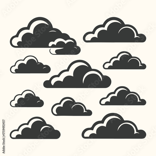 Vector art of collection of stylized dark clouds with white outlines, isolated on a light cream background, representing weather and sky elements