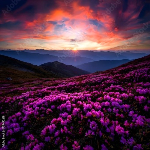 Vibrant pink rhododendron flowers blanket a mountain slope at sunrise with dramatic colorful clouds