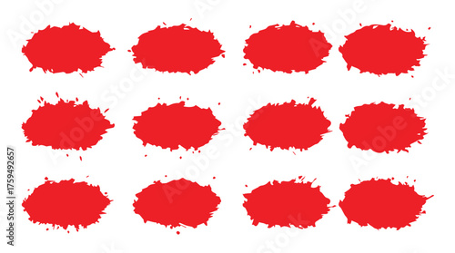 Collection of twelve vibrant red paint splatters and ink blots arranged in a grid on a white background