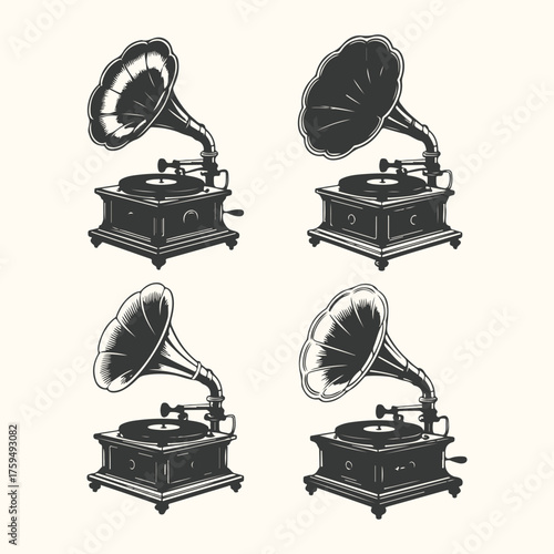 Vector art of vintage gramophone illustration, a collection of four antique record players with horns, isolated on a light background