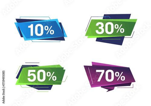 Four colorful discount tags displaying 10 30 50 and 70 off