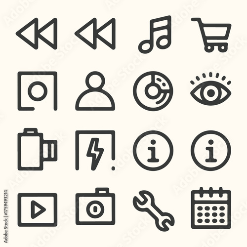 Vector art of collection of simple line icons representing various functions and objects, isolated on a light background