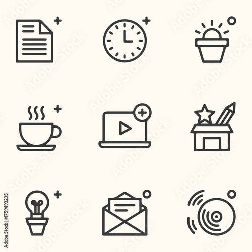 Vector art of collection of 9 simple line icons representing various concepts like document, clock, sunrise, coffee, video, creativity, idea, email, and music