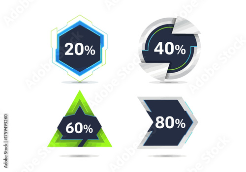 Four colorful geometrical percentage infographics on a white background display 20 40 60 and 80