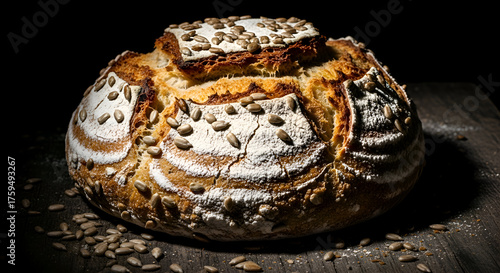 Freshly baked sourdough bread with sunflower seeds on a wooden surface in dark environment