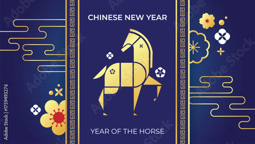 Happy chinese new year 2026 year of the horse vector illustration background. Gold horse zodiac, lanterns, and pattern cloud on blue background.